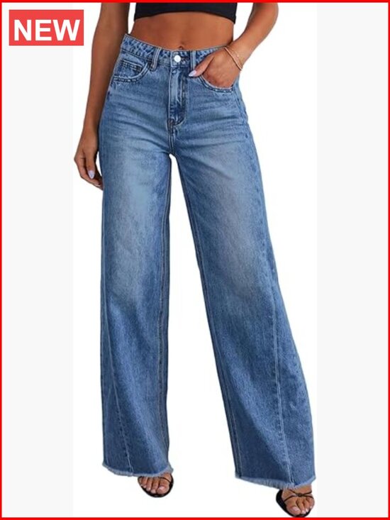 Denim - High Waisted Wide Leg Jeans with Raw Hem Stretchy Denim Pants